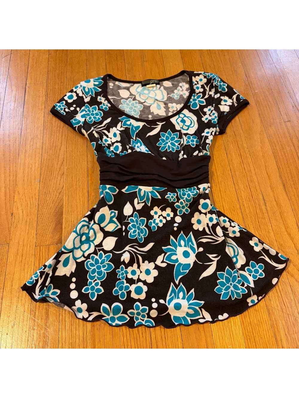 Vintage Y2K whimsical brown and teal floral babydoll top